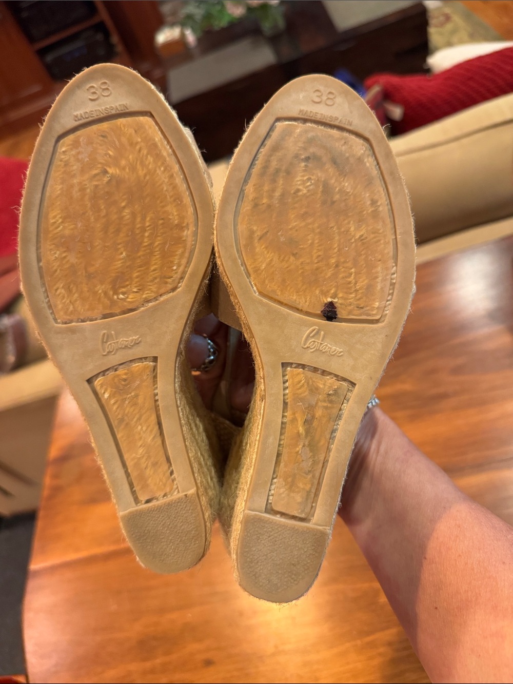 Castaner Bruna Espadrille Wedge Shoe 38 Taupe Sand Leather Open Casual Button - Picture 6 of 16